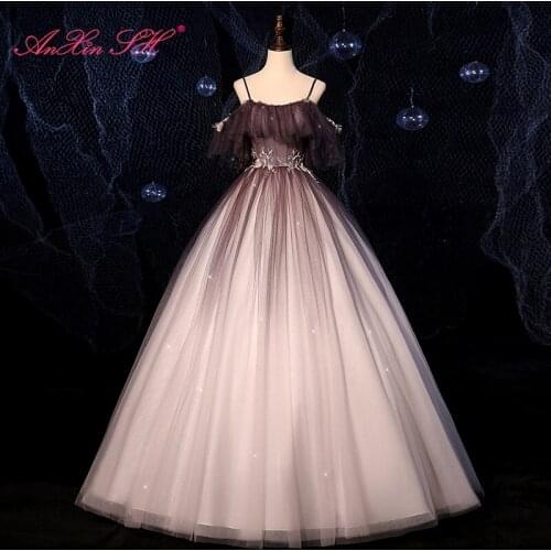 AnXin SH princess boat neck ruffles black sparkly beading flower bride star vintage party ball gown lace up evening dress