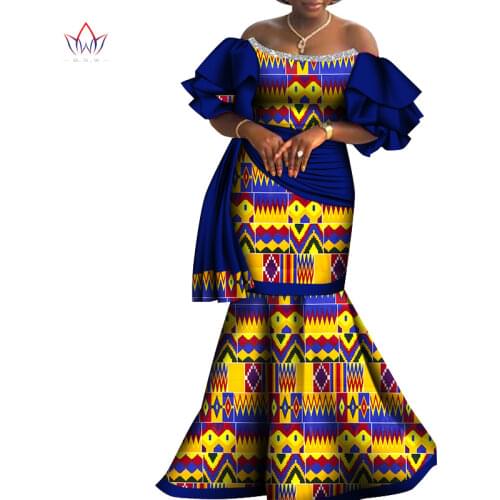 Bintarealwax Off-Shoulder Party Dress Dashiki Elegant Africa Style Clothing for Women Strapless Floor- Length Dresses WY8794