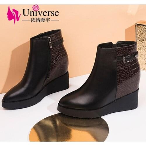 Universe Genuine Leather Women Winter Ankle Boots Wedge Heel High 5.5 cm Hand-made Zip Round Toe Fashion Ladies Boots J278