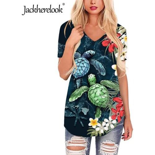 Jackherelook Blue Polynesian Turtle Hawaiian Hibiscus Plumeria Print Loose V Neck Tops Shirts Woman Harajuku Blouse Female Shirt