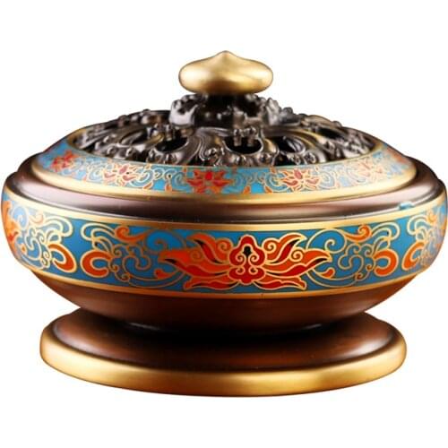 Taiwan pure copper enamel sandalwood antique tray incense cloisonne incense burner Buddhist temple supplies