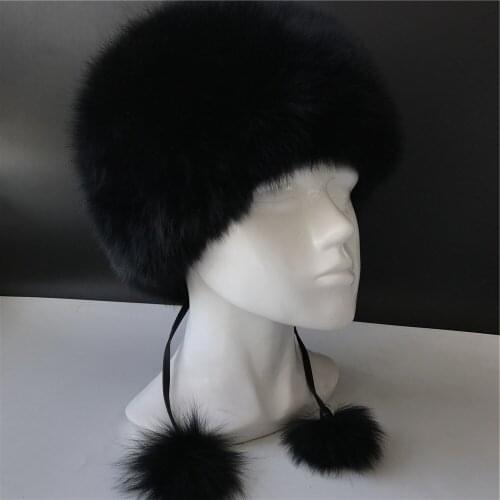 Magicfur - 100% Real Fox Fur Aviator Hats Black PU Leather Russia Trapper Hat Caps With EarFlap Warm Winter