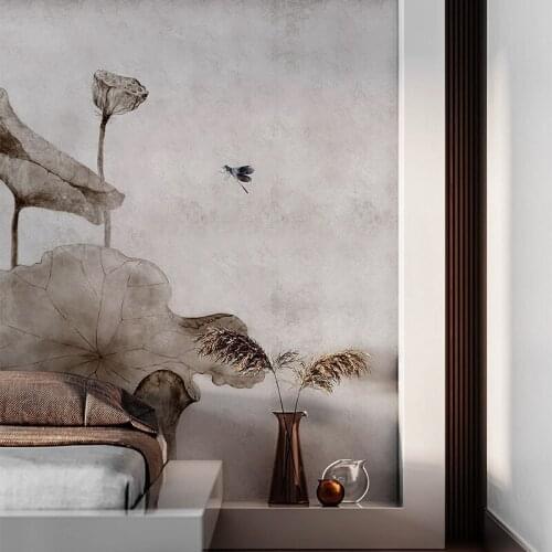 MASAR Chinese lotus design hand painted mural living room bedside wall paper art painted wall sticker He Ting