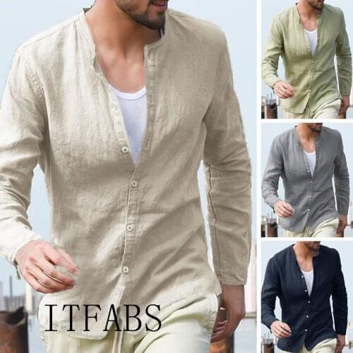 Shirts Men Long Sleeve Linen Shirt Loose Summer Autumn Long Sleeve Button Casual V-Neck Shirts Tops M-2XL