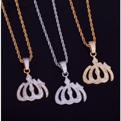 Iced Religious Allah Pendant God Arabic Pendant Free Steel Rope Chain Gold Color Cubic Zircon Mens Hip Hop Jewelry For Men Gift