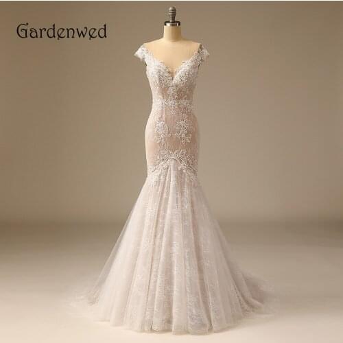 Latest Ivory Lace Mermaid Wedding Dresses V Neck Delicate Beading Back See-through Bridal Gowns