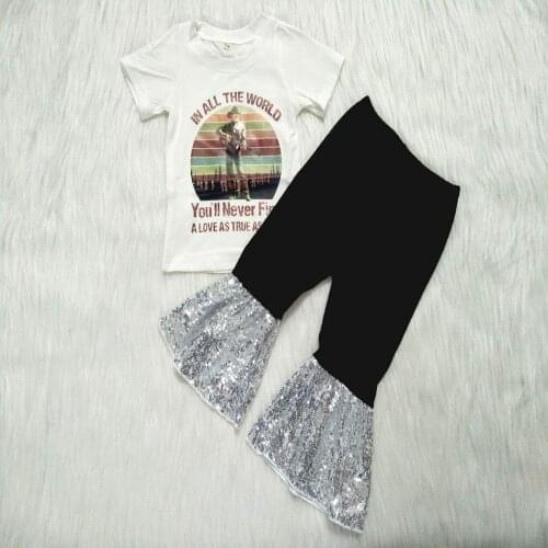 New arrival in all the world outfits baby girls character pattern top+paillette bell-bottoms 2 pcs sets childrens clothing gxj