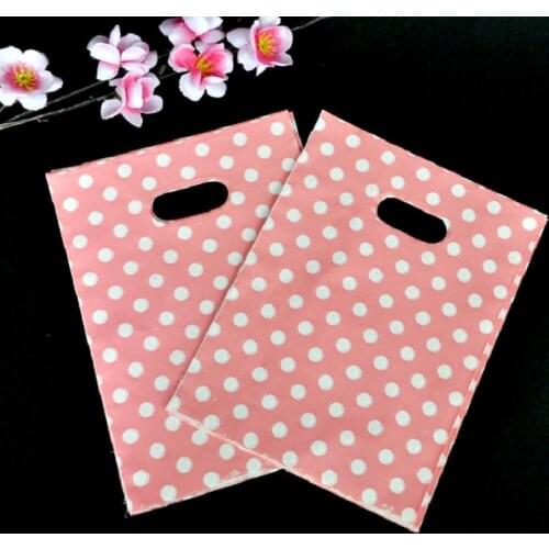 Wholesale 50pcs/bag White Round Dots Pink Plastic Bags 25x35cm Shopping Jewelry Packaging Bags Plastic Gift Bag With Handle