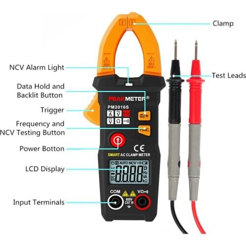 PEAKMETER PM2016S Smart Mini Digital AC Clamp Meter Multimeter with Resistance frequency data hold NCV tester tiny