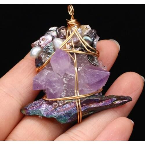 Natural Stone Pendants Gold Color Wire Wrap Amethysts for Trendy Jewelry Making DIY Women Necklace Earrings