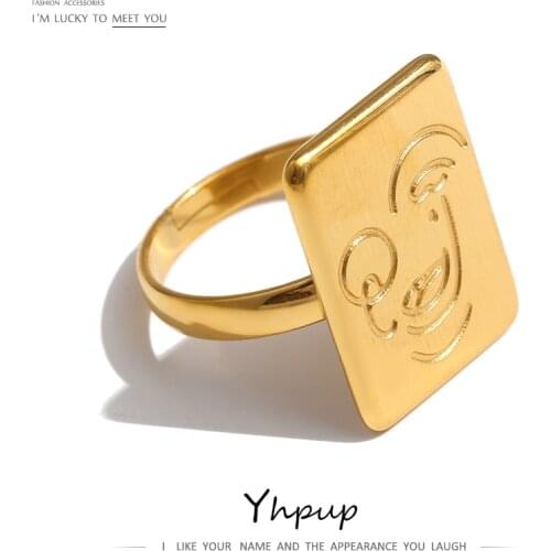 Yhpup Stainless Steel Square Adjustable Rings Statement Metalic Gold Color 18 K Finger Ring Waterproof Jewelry Accessories New