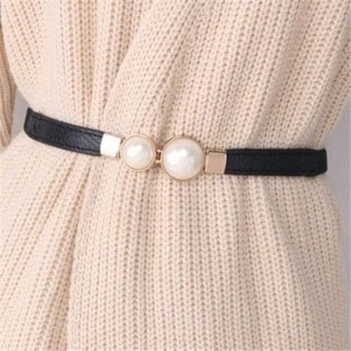 Women Elastic PU Leather Dress Skirt Waist Thin Belts Ladies Waistband Women Double Pearl Belt Fashion Ladies Belts Accessories