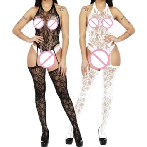 Sexy Backless Leaf Branch Floral Halter Lace Up Suspender Garter Belt Bodystocking Catsuit Lingerie Hot Sale Crotchless Jumpsuit