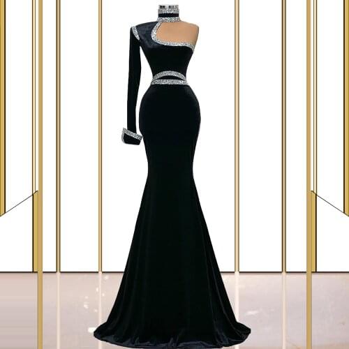 High Neck Single Sleeve Evening Dress 2021 Mermaid Black Velet African Formal Prom Party Gowns Cocktail Dress Robe de mariee