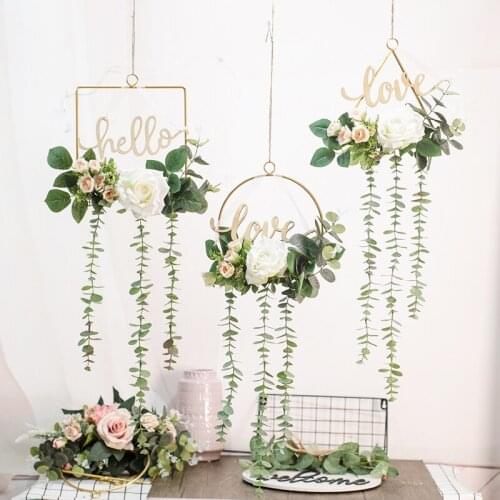 Nordic INS Letter Wrought Iron Wreath Romantic Wedding Geometric Garland Wall Hanging Rose Floral Wreath Pendant Home Decoration