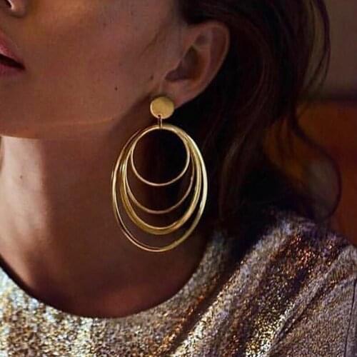 Wire Ear Loop Spring Geometry Multi-circle Retro Exaggerated Golden Fashion Alloy Anniversary Earrings Temperament Big Earrings