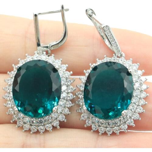 40x18mm Highly Recommend Created Blue Turquoise White CZ For Women Dating Silver Earrings