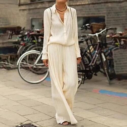 Elegant Women Two-Piece Suit Casual Single Breasted Shirts Long High Waist Bloomers Women Slim Solid Office V-Neck Vintage Loose