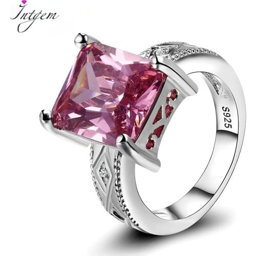 925 Silver Jewelry Cubic Zirconia Rectangle Pink Cushion Stone Rings Geometric Ring for Women Bridesmaid Wedding Party Gift Ring