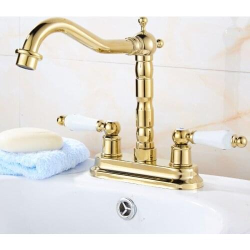 Gold Color Brass 4" Centerset Bathroom Two Holes Basin Faucet Sink Mixer Tap Swivel Spout Double Ceramic Levers mnf431