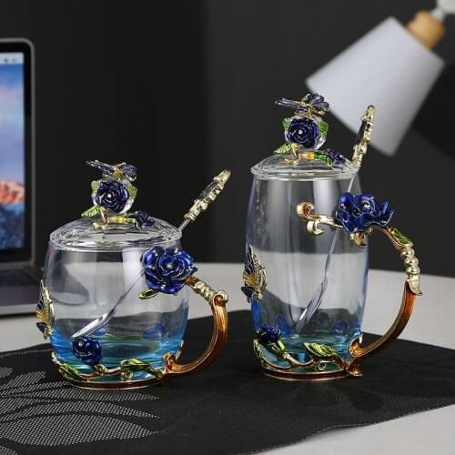 350ml Blue Enamel Rosette Glass Mug Transparent Black Tea Coffee Cup With Lid And Spoon Teatime Cup Set For Gift