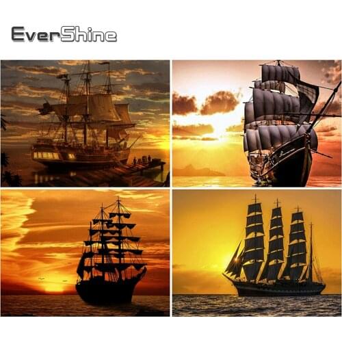 Evershine 5D DIY Diamond Embroidery Sunset Full Drill Square Diamond Painting Ship Landscape Cross Stitch Handmade Gifts