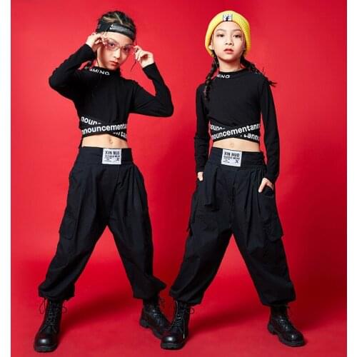 Children Hip Hop Clothing Girls Black Tops Hiphop Pants Jazz Dancing Practice Performance Suit Stage Costume Rave Outfit BL5474