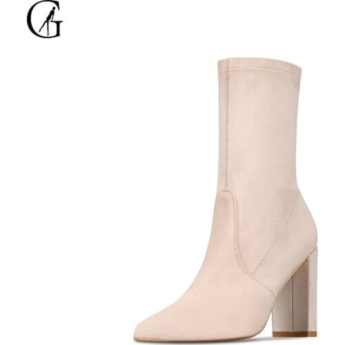 GOXEOU Womens Boots Flock Black Nude Pointed Toe Thick Heels 9 cm High Mid Boots Party Office Fashion Ladies Shoes Size 32-46