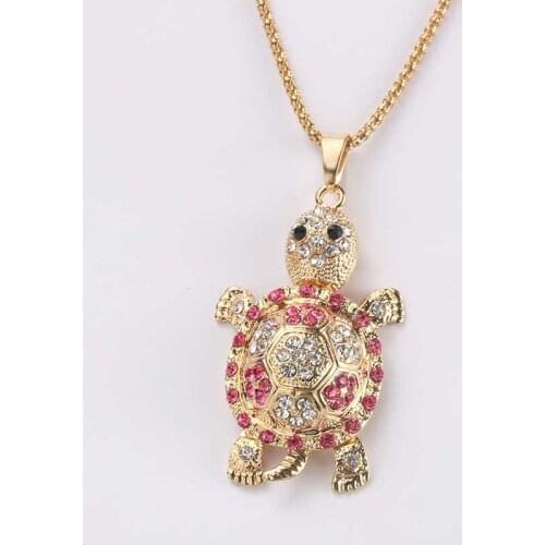 Exquisite Cute Pink Sea Turtle Turtle Multicolor Pendant Necklace Crystal Rhinestone Long Chain Necklace Ms. Party Jewelry Gift