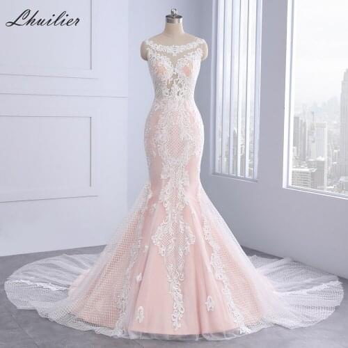 Lhuilier Lace Mermaid Pink Wedding Dresses 2020 Floor Length Sleeveless Appliqued Illusion Bridal Dress Chapel Train