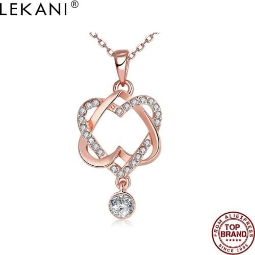 LEKANI Women Pendant Necklaces Fashion Hollow Heart To Heart Clear Cubic Zirconia Necklace Female Anniversary Jewelry New Arriva