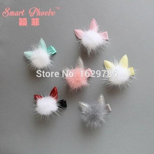 30pcs Fashion Cute Rabbit Ears Fur Pom Pom Hairpins Solid Glitter Bow Hair Clips Princess Headwear Girls Hair Accessories