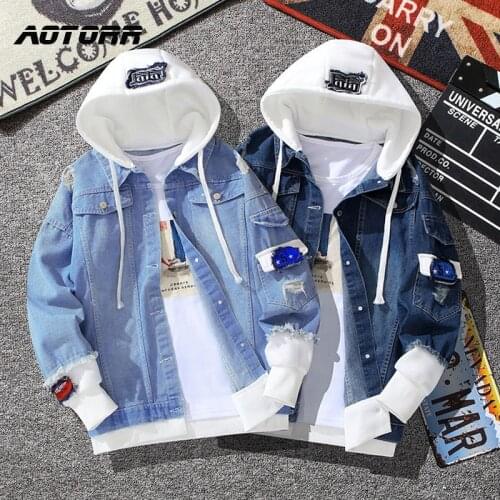 Autumn Denim Jacket Mens Hooded Jean Coat 2021 New Style Slim Fit Outerwear Male Hip Hop Loose Cowboy Blue Overcoat Clothing