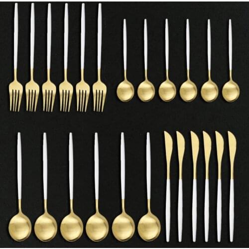 24Pcs Matte White Gold Dinnerware Set Stainless Steel Tableware Set Kitchen Flatware Set Knife DinnerFork Spoon Cutlery Set