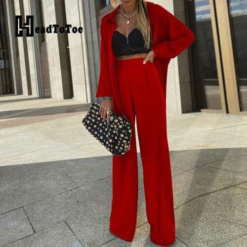 Solid Casual OLtwo Piece Outfits Woman Long Sleeve Turn Down Collar Straight Slim 2 Piece Set Women