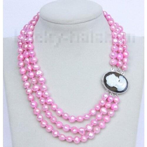 Hot sale new Style >>>>>Baroque 16"-18" 3row 9mm Peach pink pearls necklace seashell clasp j10080
