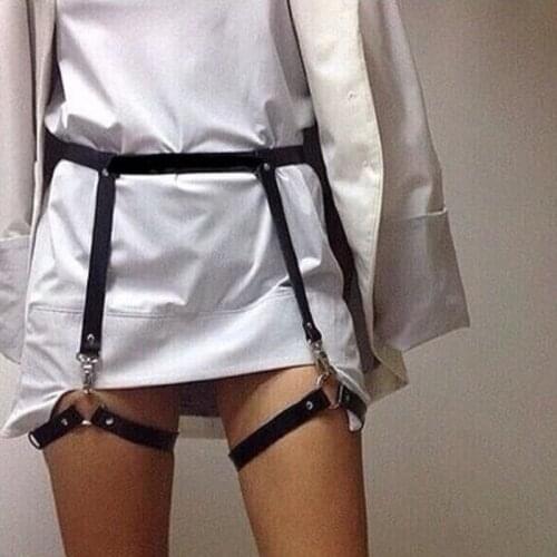 Women sexy punk Leather Harness Handmade Body Bondage Harajuku Stud garters elastic Leg ring suspender Waist Belt hook slim body