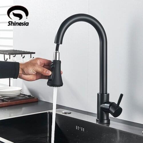 Shinesia New Black Kitchen Faucet 3-Way Water Outlet Pull Out Sprayer for Kitchen Sink 360 Degree Rotation Mixer Tap