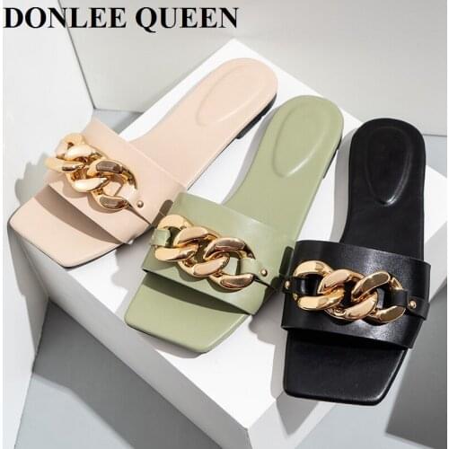 Brand Square Toe Chain Slippers Women Slip On Flat Slides Summer Sandals Beach Flip Flops Female Casual Shoes Women Summer Mujer