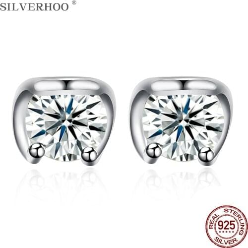 SILVERHOO Sterling Silver 925 Jewelry Trendy Clear Circle Cubic Zirconia Earrings Women Simple Geometry Stud Earring Hot Sale
