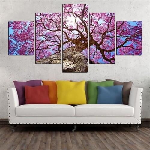 Modern Home Decor Wall Art 5Pcs Decor Poster Pink Cherry Tree Landscape HD Print Canvas Painting For Living Room Bedroom Decor