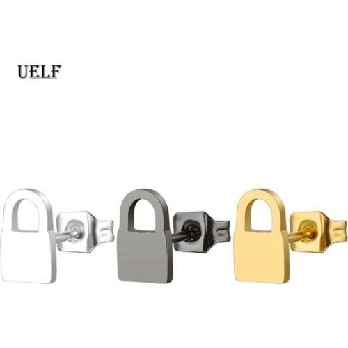 Uelf Fashion lock Shaped Stainless steel Stud Earrings For Women Punk Hip Hop Style Ear Jewelry Party Gifts 1 pair