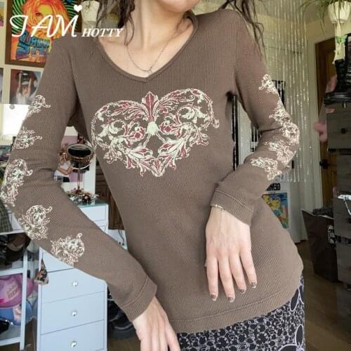 Printed Vintage T Shirt Women Y2K Aesthetic Grunge Tops Long Sleeve Top Chic Fairycore Clothes Autumn Basic Tee Shirt Iamhotty