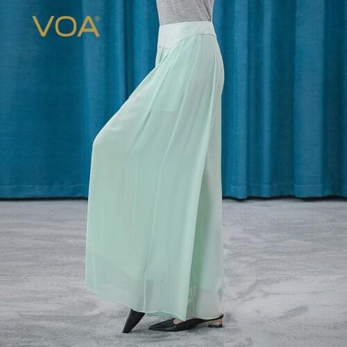 VOA Silk Georgette Green Natural Waist Bump Splicing Oblique Pocket Side Pull Pleated Elegant Refreshing Wide-leg Pants KE215