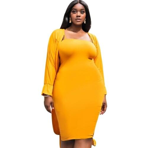 Yellow Long Sleeve Two Piece Dress Set Sling Bodycon Curve Dresses Coat Suit Autumn Clothing for Women 2021 New Arrival