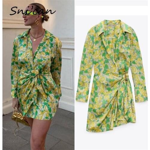 Snican Green Sunflower Print Knots Asymmetric Short Dress Za Women 2021 Spring Summer Fashion Long Sleeve Mini Robes Vestidos