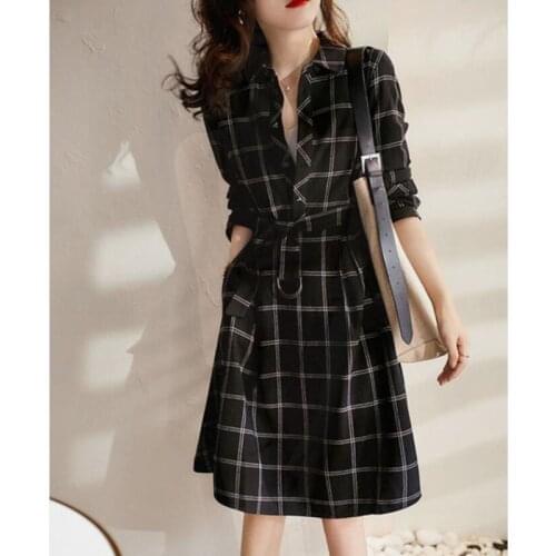 Autumn New Black Plaid Dress Women Long Sleeve Turn Down Collar Single-Breasted Lace Up Slim Knee Lenght Shirt Dress Vestidos