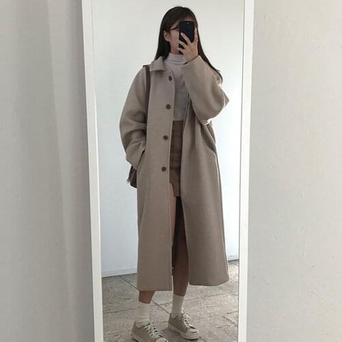 Long Solid Long Sleeve Fashion Simple Women Autumn Winter Korean Single-breasted Wool Blend Coat Office Lady Outwear Overcoats