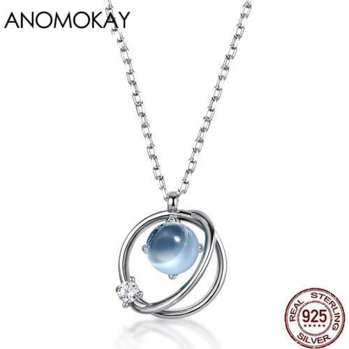 Anomokay Trendy Lake Blue Star Ball Topaz Necklace for Women Real Sterling 925 Silver Sweater Chain Link Necklaces