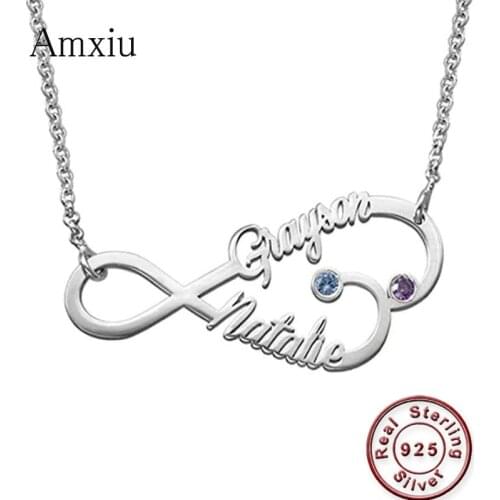Amxiu Personalized 925 Sterling Silver Necklace Custom Two Names Necklace with Birthstones Heart Pendant Necklace For Women Gift